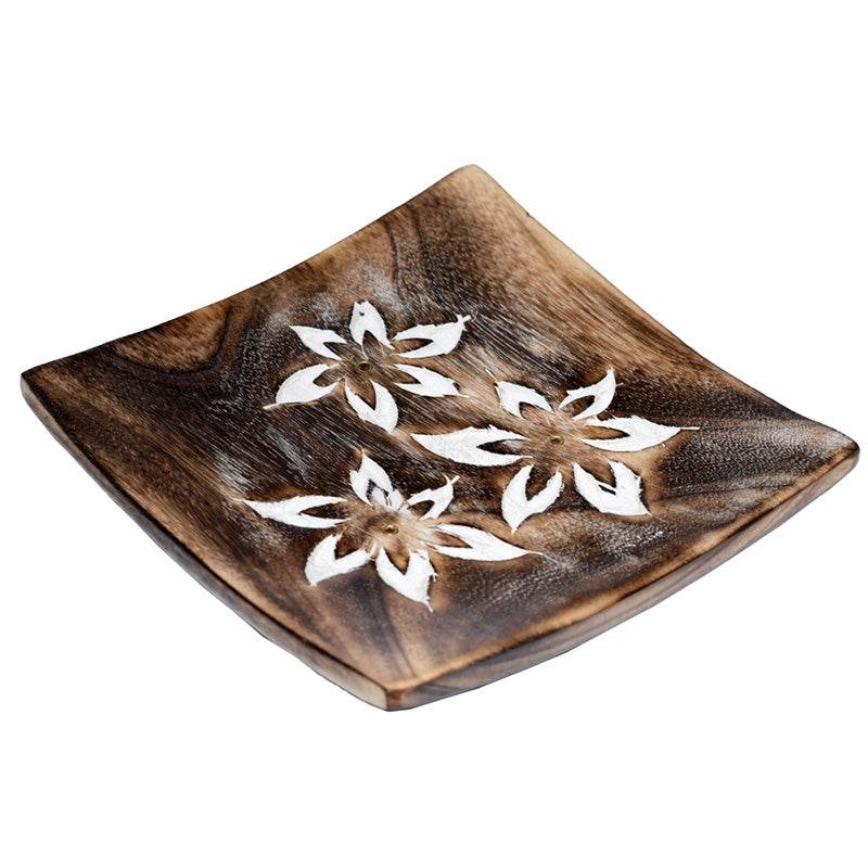 Mango Wood Square Carved Flowers Ashcatcher Incense Sticks Burner - Gift Arch
