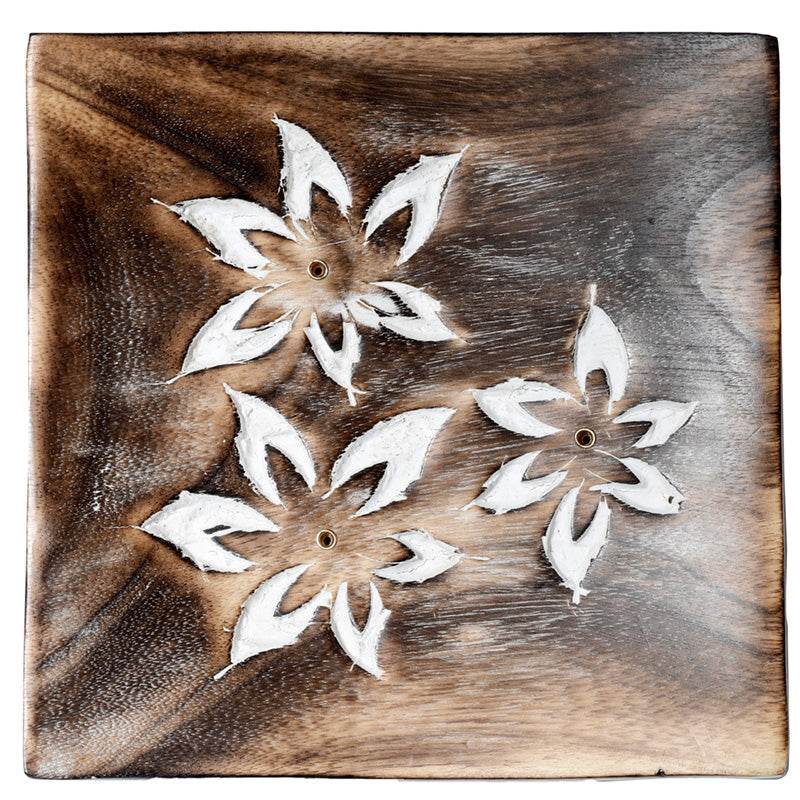 Mango Wood Square Carved Flowers Ashcatcher Incense Sticks Burner - Gift Arch