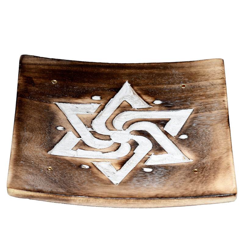 Mango Wood Square Carved Geometric Ashcatcher Incense Sticks Burner - Gift Arch