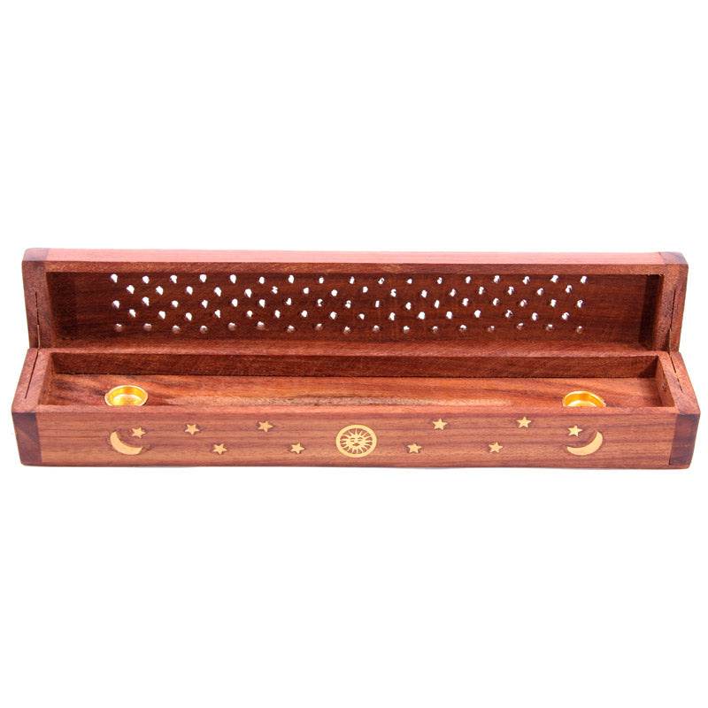Sheesham Wood Ashcatcher Incense Burner Box Sun, Moon & Stars - Gift Arch