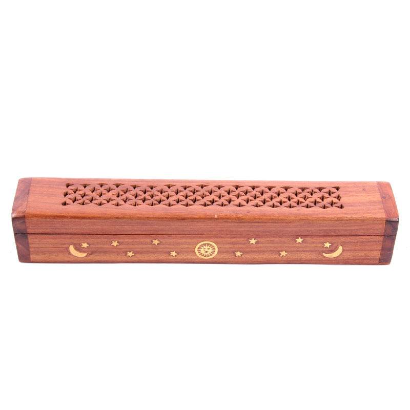 Sheesham Wood Ashcatcher Incense Burner Box Sun, Moon & Stars - Gift Arch