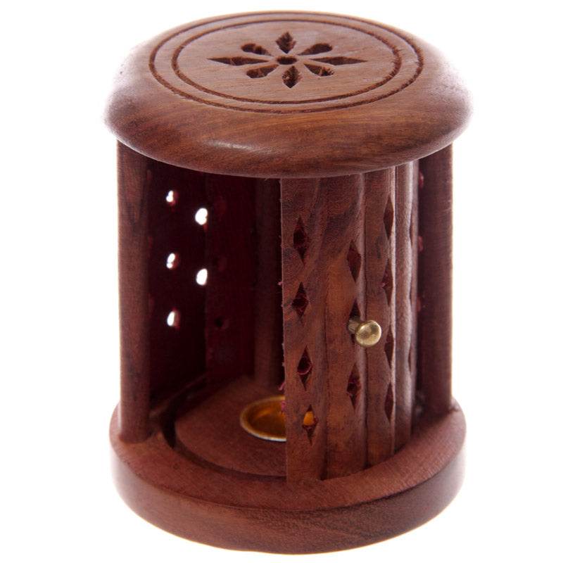 Sheesham Wood Carved Barrel Incense Cone Burner with Door - Gift Arch