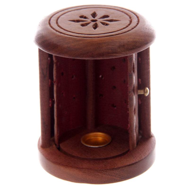 Sheesham Wood Carved Barrel Incense Cone Burner with Door - Gift Arch