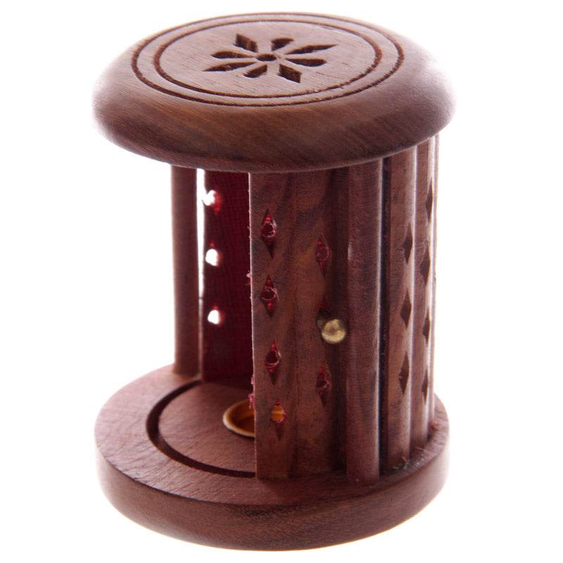 Sheesham Wood Carved Barrel Incense Cone Burner with Door - Gift Arch