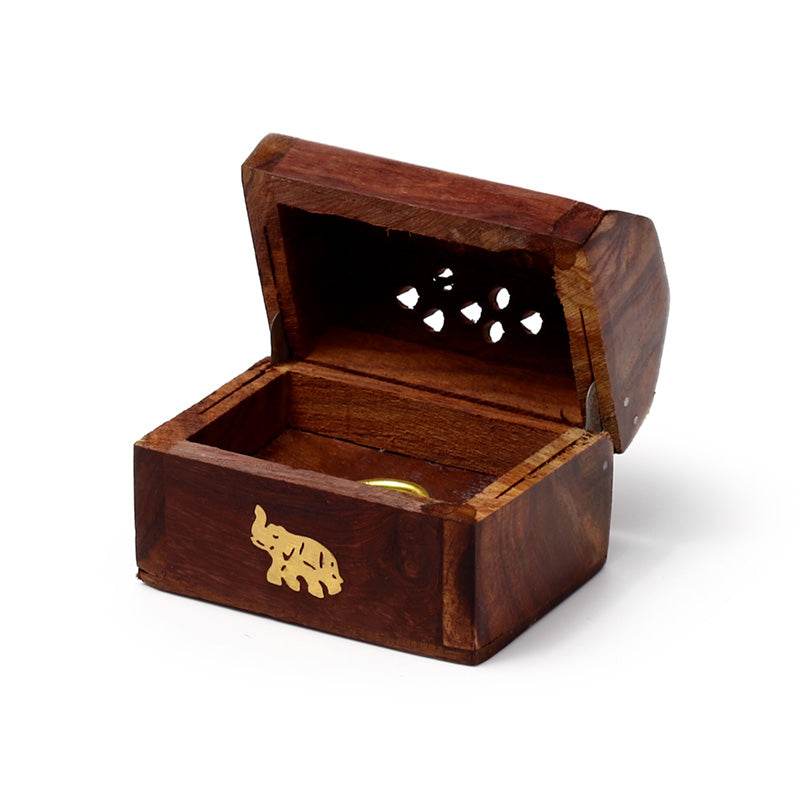 Sheesham Wood Mini Incense Cone Burner Box Elephant Inlay - Gift Arch