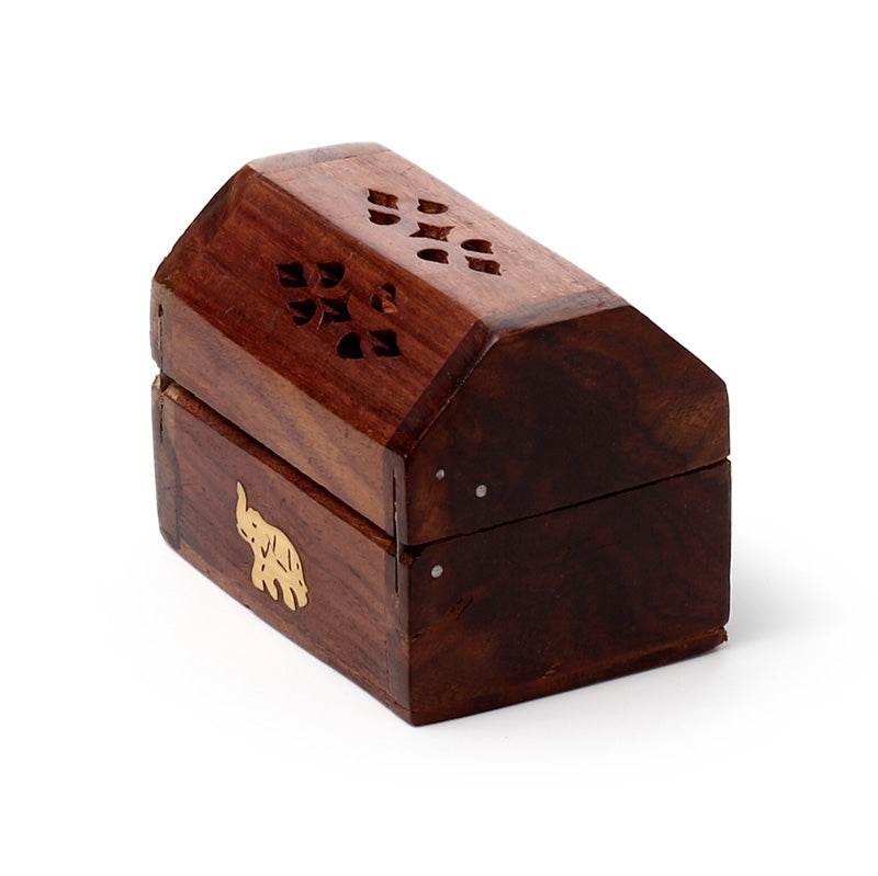Sheesham Wood Mini Incense Cone Burner Box Elephant Inlay - Gift Arch