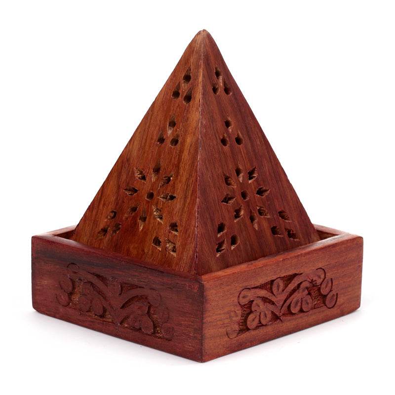 Sheesham Wood Pyramid Incense Cone Box with Flower Fretwork - Gift Arch