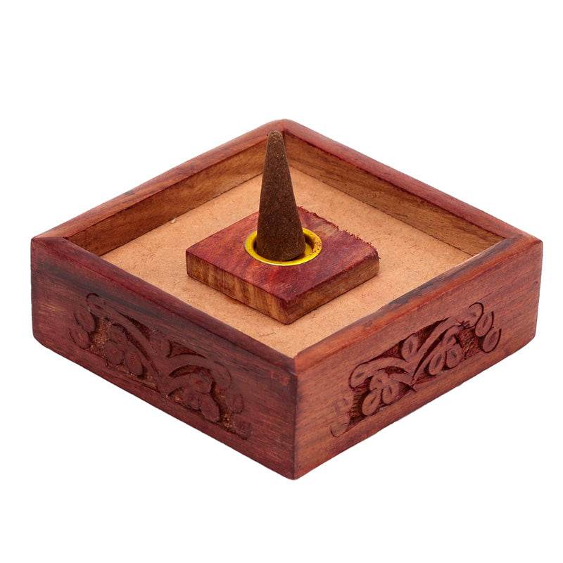 Sheesham Wood Pyramid Incense Cone Box with Flower Fretwork - Gift Arch