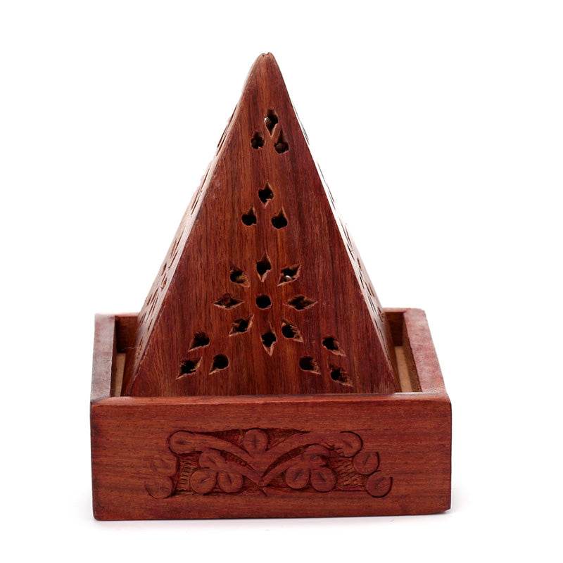 Sheesham Wood Pyramid Incense Cone Box with Flower Fretwork - Gift Arch