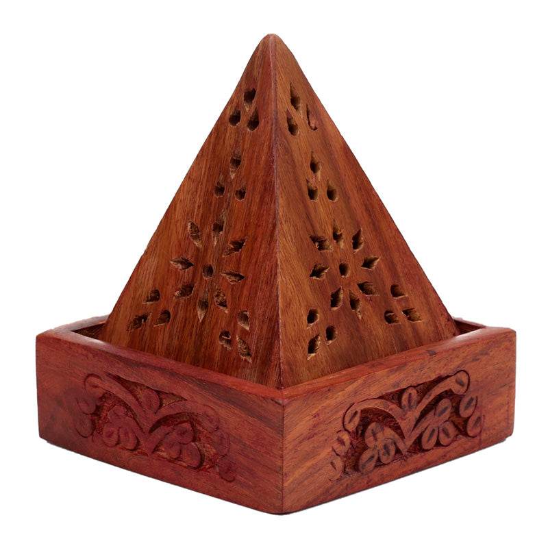 Sheesham Wood Pyramid Incense Cone Box with Flower Fretwork - Gift Arch