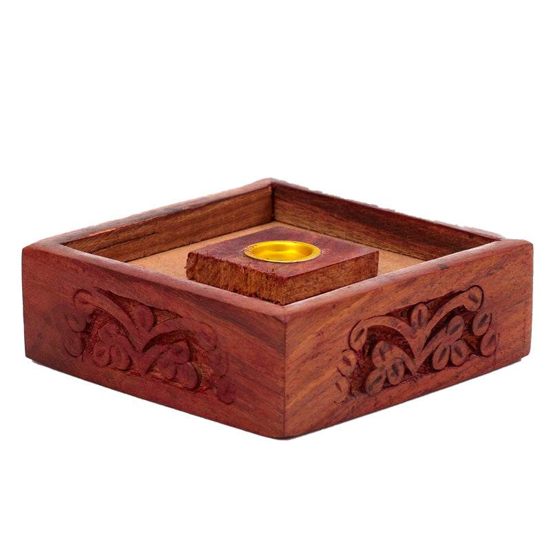 Sheesham Wood Pyramid Incense Cone Box with Flower Fretwork - Gift Arch