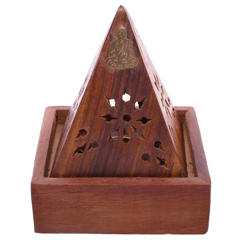 Sheesham Wood Pyramid Incense Cone Burner Box with Buddha - Gift Arch