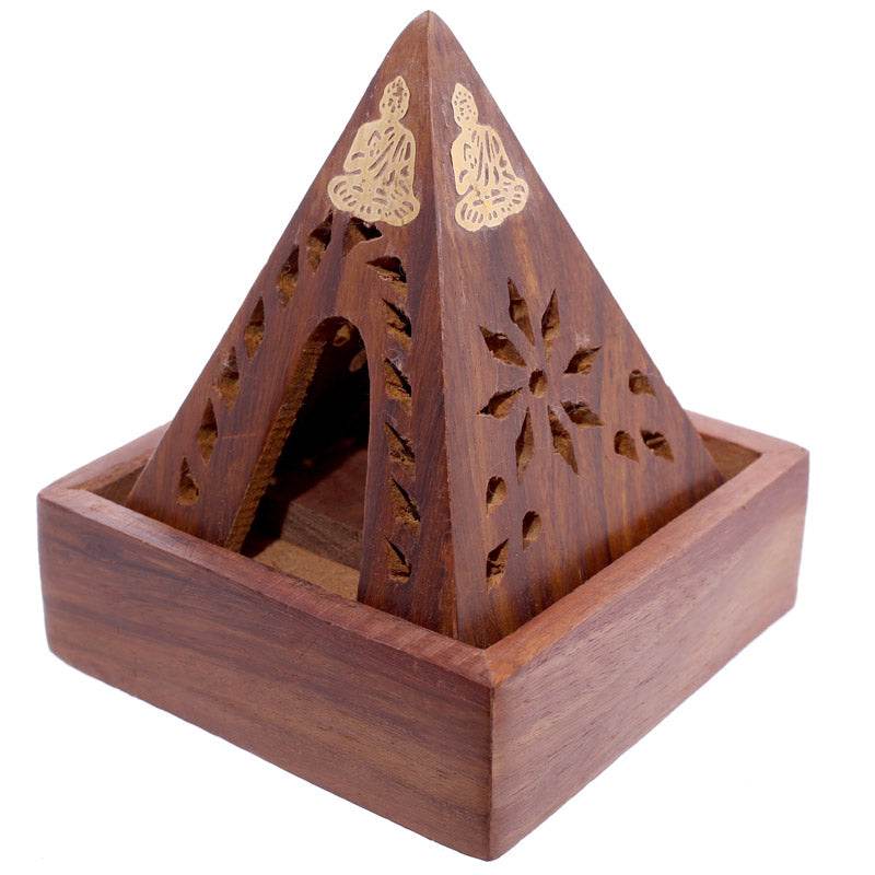 Sheesham Wood Pyramid Incense Cone Burner Box with Buddha - Gift Arch