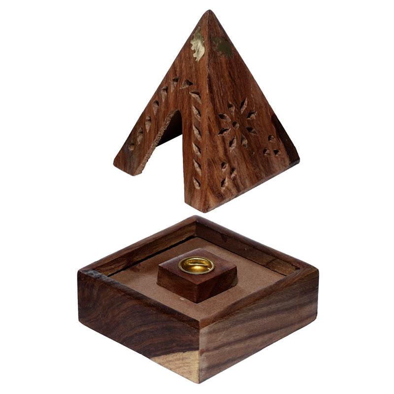 Sheesham Wood Pyramid Incense Cone Burner Box with Elephant - Gift Arch