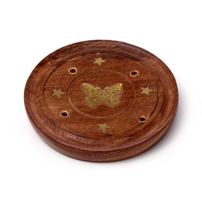 Sheesham Wood Round Ashcatcher Incence Burner with Butterfly Inlay - Gift Arch