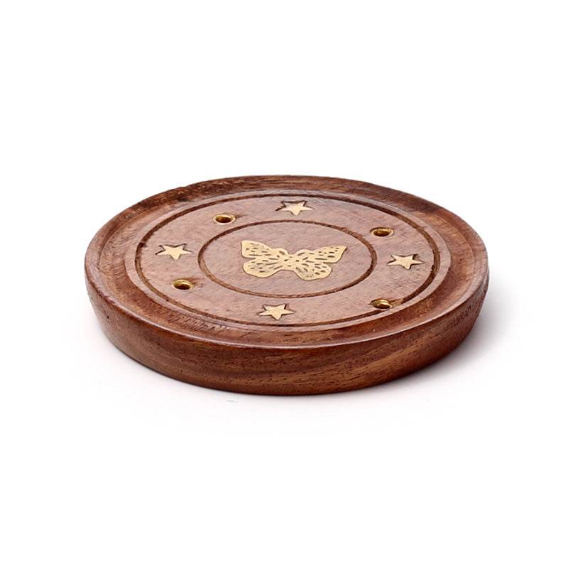 Sheesham Wood Round Ashcatcher Incence Burner with Butterfly Inlay - Gift Arch