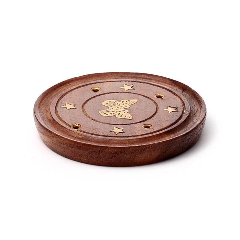 Sheesham Wood Round Ashcatcher Incence Burner with Butterfly Inlay - Gift Arch