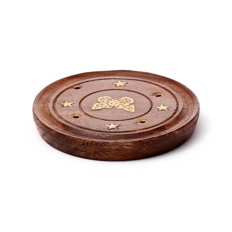 Sheesham Wood Round Ashcatcher Incence Burner with Butterfly Inlay - Gift Arch