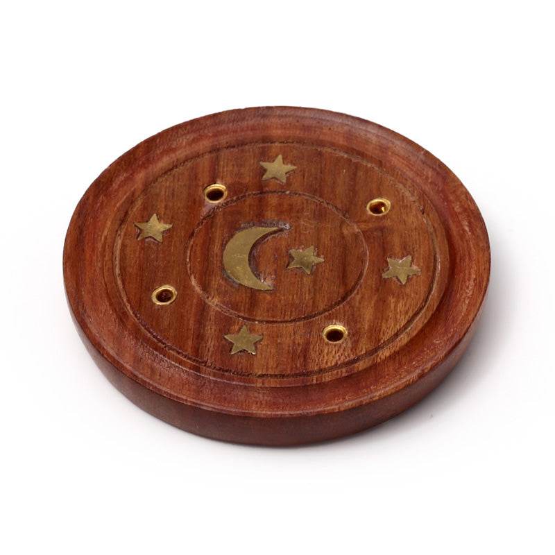 Sheesham Wood Round Ashcatcher Incence Burner with Moon & Stars Inlay - Gift Arch