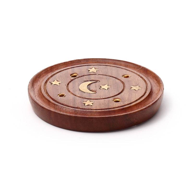 Sheesham Wood Round Ashcatcher Incence Burner with Moon & Stars Inlay - Gift Arch