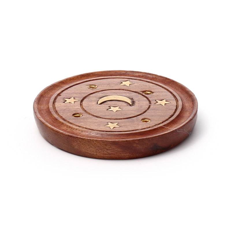 Sheesham Wood Round Ashcatcher Incence Burner with Moon & Stars Inlay - Gift Arch