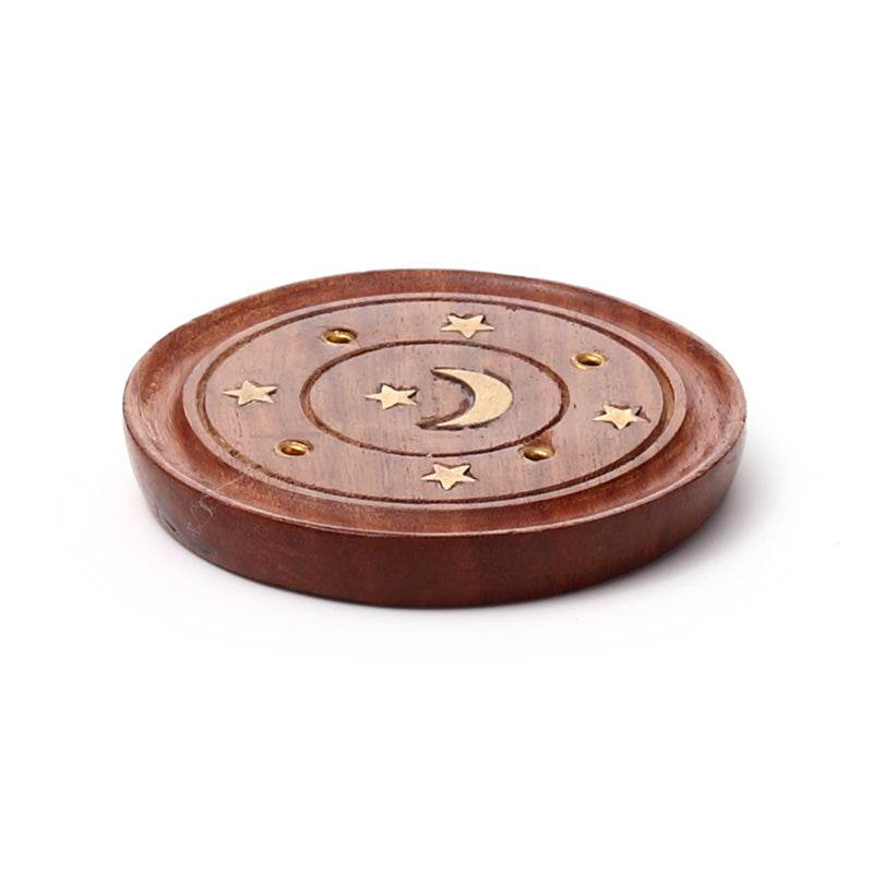 Sheesham Wood Round Ashcatcher Incence Burner with Moon & Stars Inlay - Gift Arch