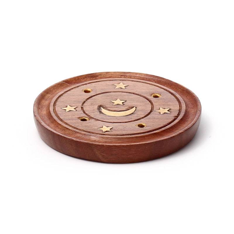 Sheesham Wood Round Ashcatcher Incence Burner with Moon & Stars Inlay - Gift Arch