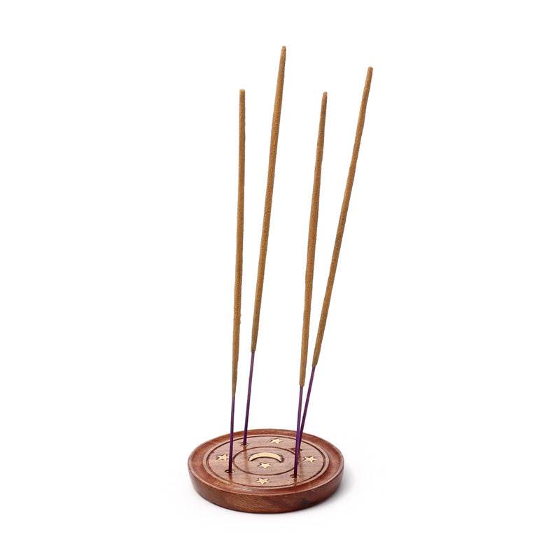 Sheesham Wood Round Ashcatcher Incence Burner with Moon & Stars Inlay - Gift Arch