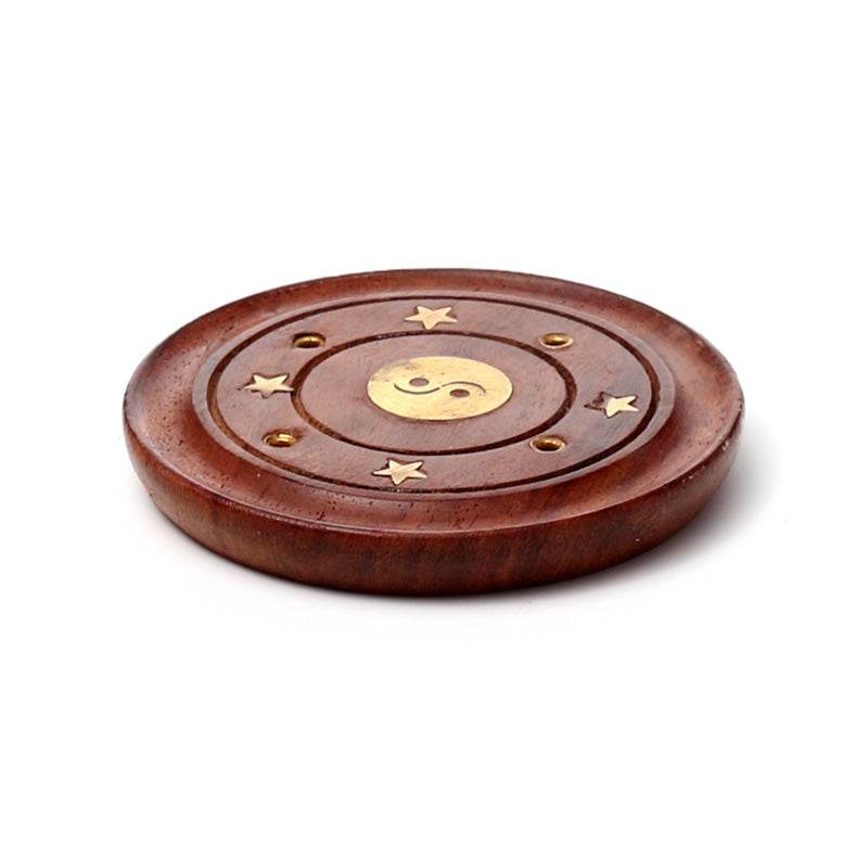Sheesham Wood Round Ashcatcher Incence Burner with Yin Yang Inlay - Gift Arch