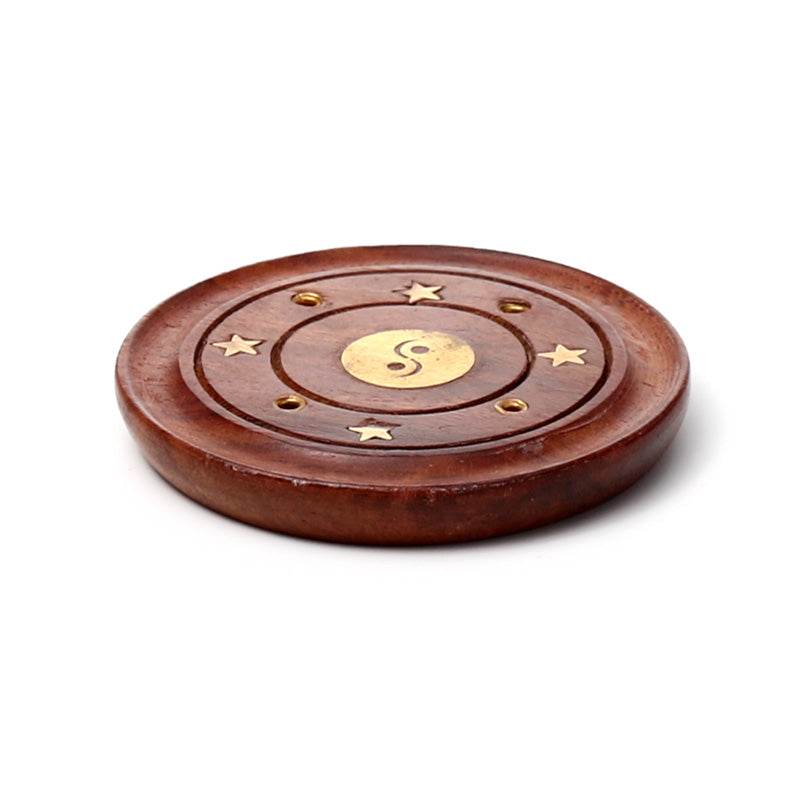 Sheesham Wood Round Ashcatcher Incence Burner with Yin Yang Inlay - Gift Arch