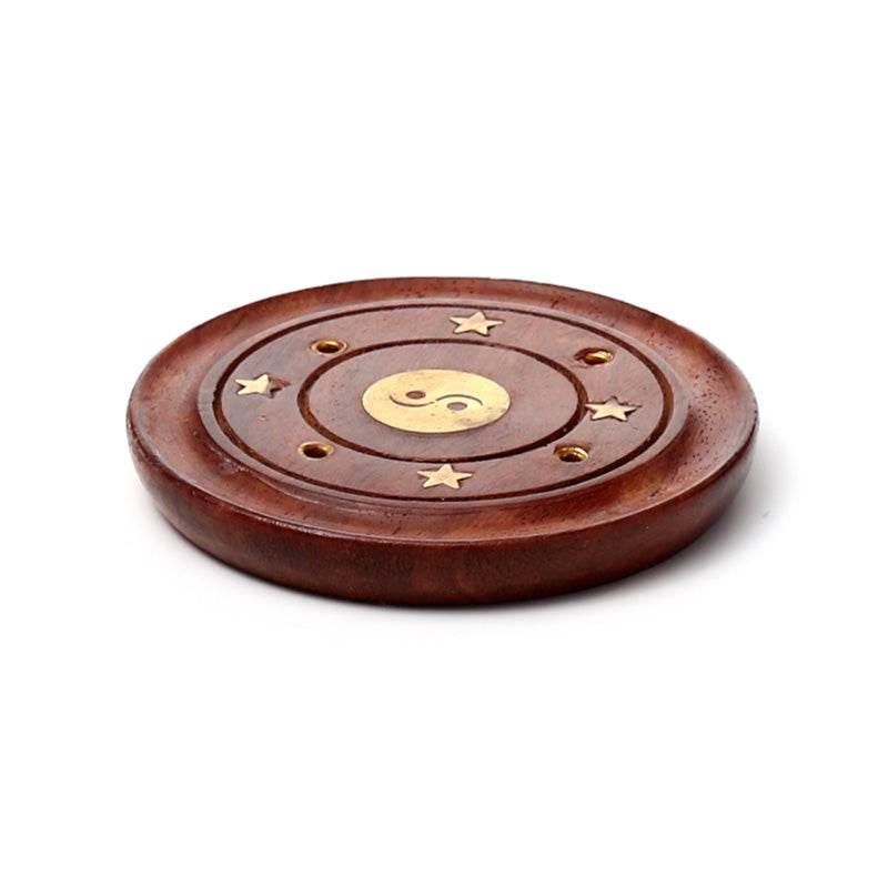 Sheesham Wood Round Ashcatcher Incence Burner with Yin Yang Inlay - Gift Arch