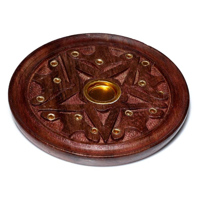 Sheesham Wood Round Ashcatcher Incense Burner with Carved Star - Gift Arch
