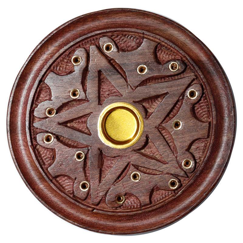 Sheesham Wood Round Ashcatcher Incense Burner with Carved Star - Gift Arch