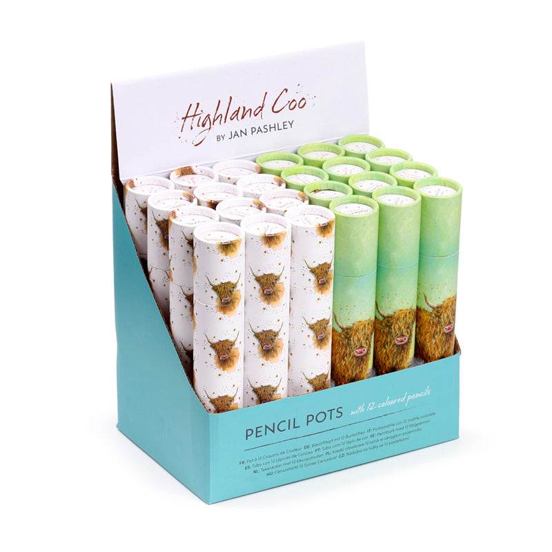Jan Pashley Highland Coo Cow Large Pencil Pot with 12 Colouring Pencils - Gift Arch