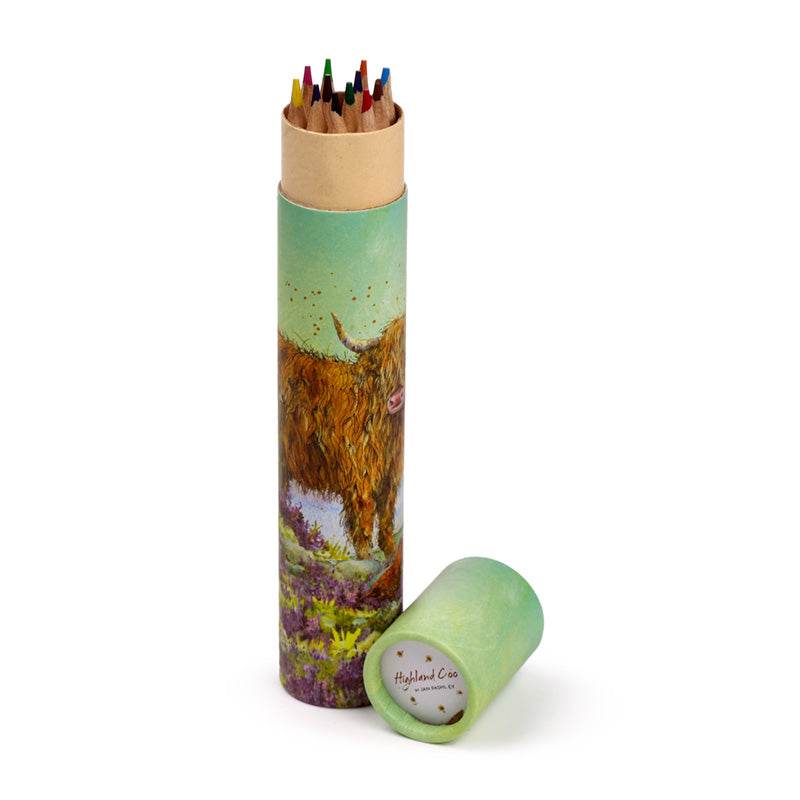 Jan Pashley Highland Coo Cow Large Pencil Pot with 12 Colouring Pencils - Gift Arch