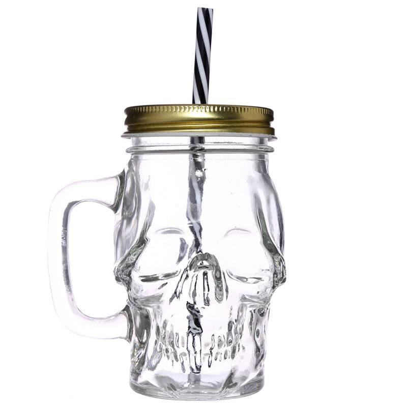 Glass Skull Drinking Jar with Metal Lid & Stripy Straw - Gift Arch