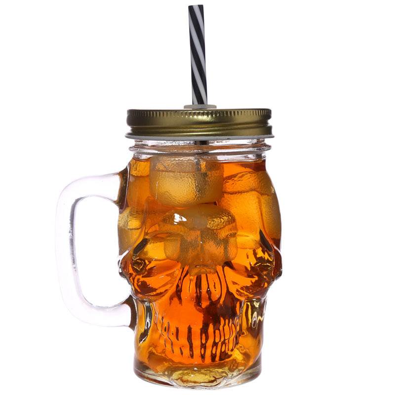 Glass Skull Drinking Jar with Metal Lid & Stripy Straw - Gift Arch
