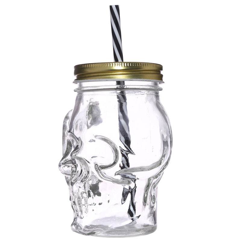 Glass Skull Drinking Jar with Metal Lid & Stripy Straw - Gift Arch