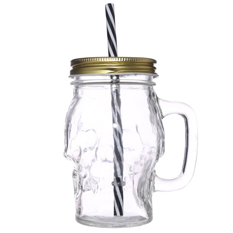 Glass Skull Drinking Jar with Metal Lid & Stripy Straw - Gift Arch