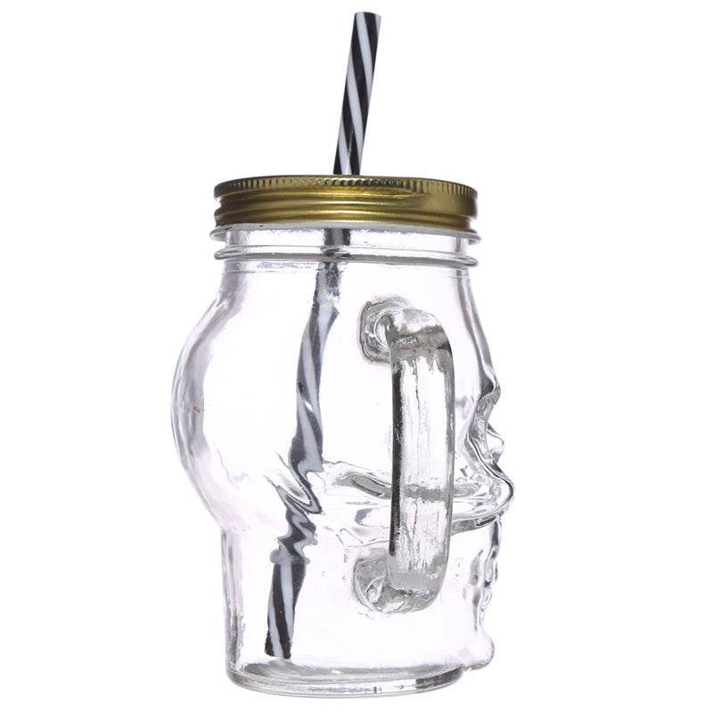 Glass Skull Drinking Jar with Metal Lid & Stripy Straw - Gift Arch