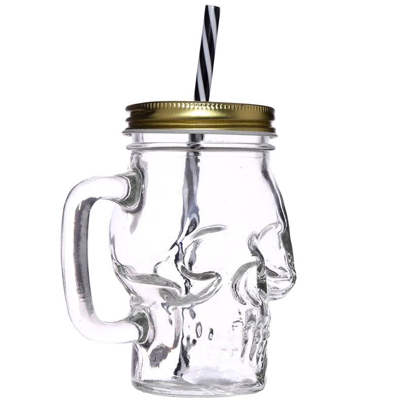 Glass Skull Drinking Jar with Metal Lid & Stripy Straw - Gift Arch