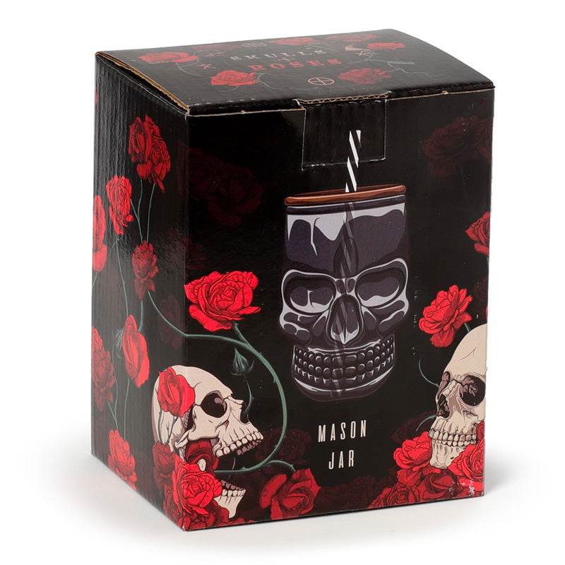 Glass Skull Drinking Jar with Metal Lid & Stripy Straw - Gift Arch