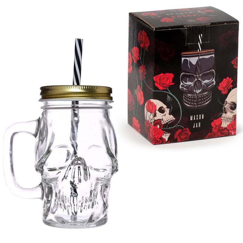 Glass Skull Drinking Jar with Metal Lid & Stripy Straw - Gift Arch