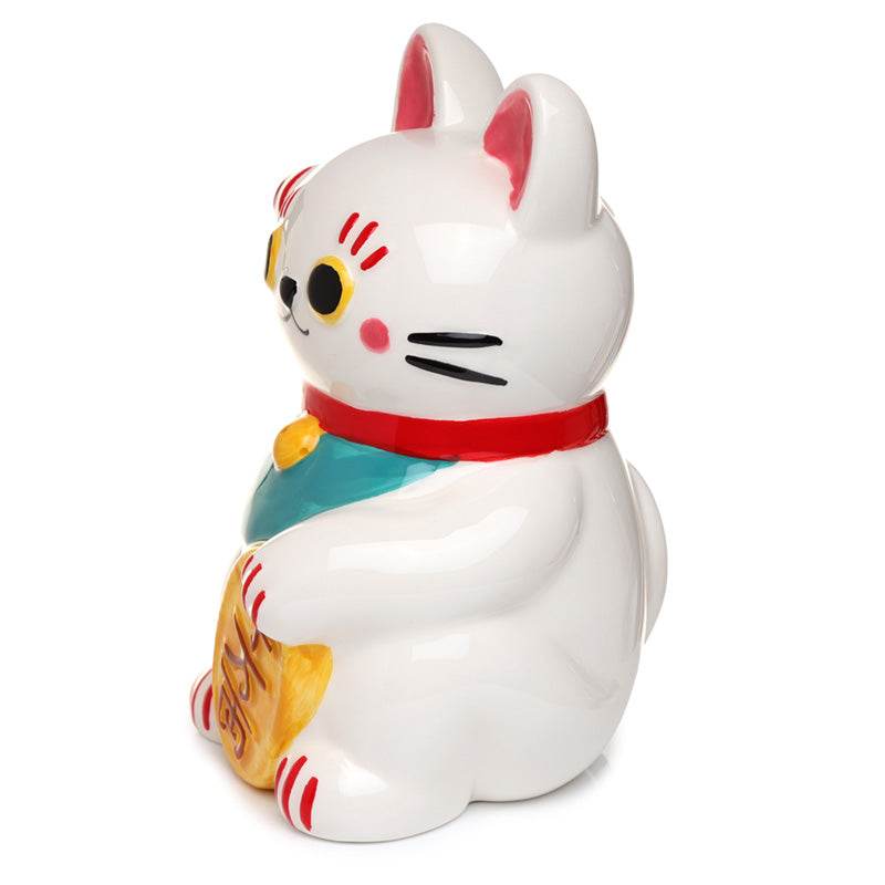 Maneki Neko Lucky Cat White Ceramic Money Box - Gift Arch