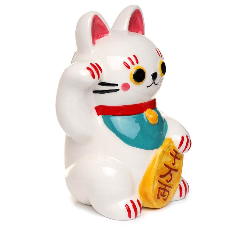Maneki Neko Lucky Cat White Ceramic Money Box - Gift Arch