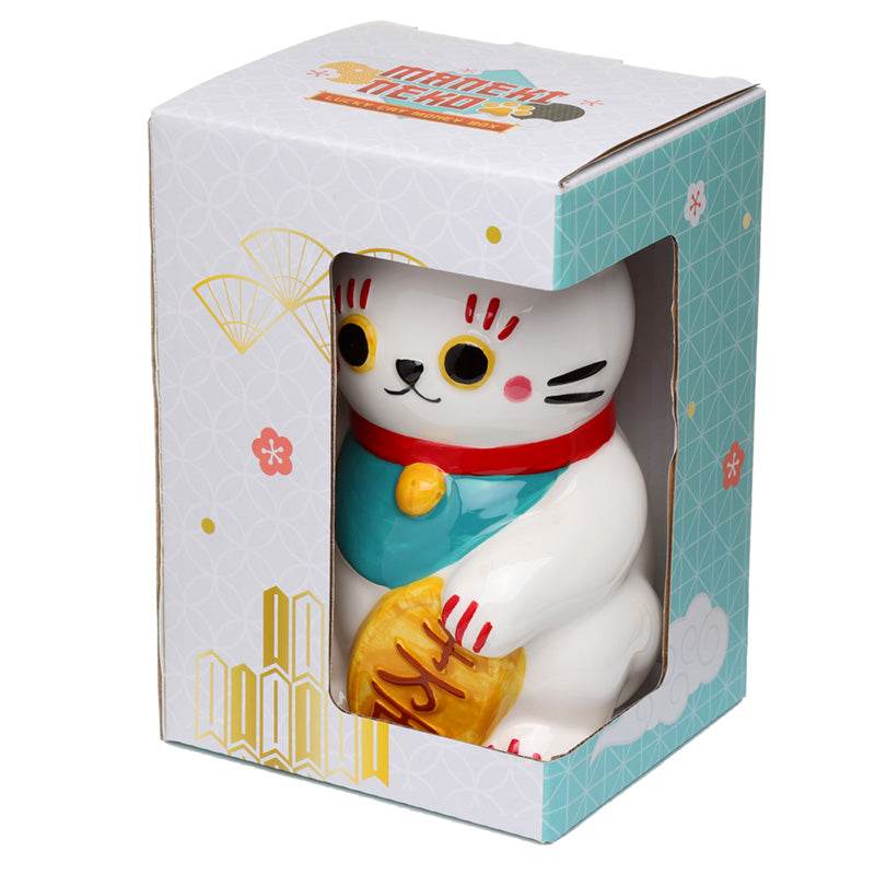 Maneki Neko Lucky Cat White Ceramic Money Box - Gift Arch