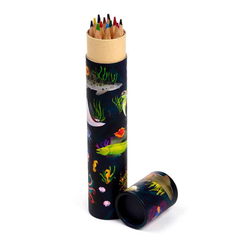 Marine Kingdom Large Pencil Pot with 12 Colouring Pencils - Gift Arch