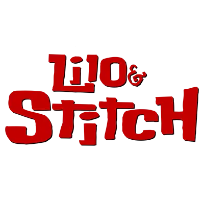 Red cartoon alien t-shirt design with ’lilo & stitch’ text in bold, stylized font.