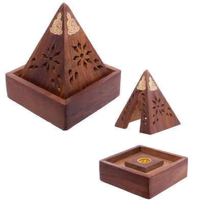 Sheesham Wood Pyramid Incense Cone Burner Box with Buddha - Incense Burners & Ash Catchers