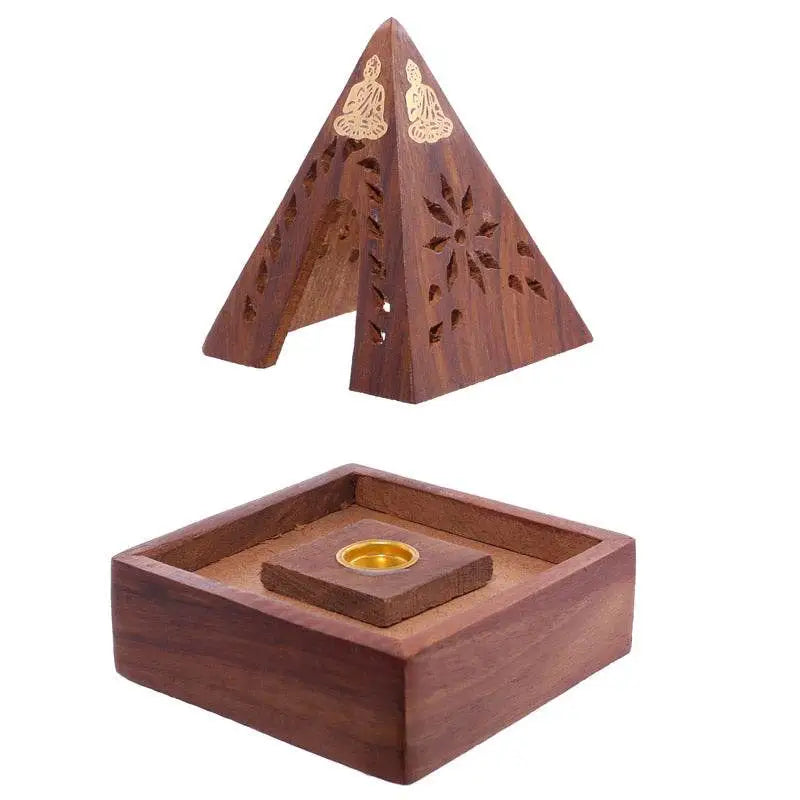 Sheesham Wood Pyramid Incense Cone Burner Box with Buddha - Incense Burners & Ash Catchers